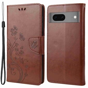 For Google Pixel 7 5G prægning Blomster Sommerfugle Telefoncover PU Læder Anti-rids Pengepung Stativetui