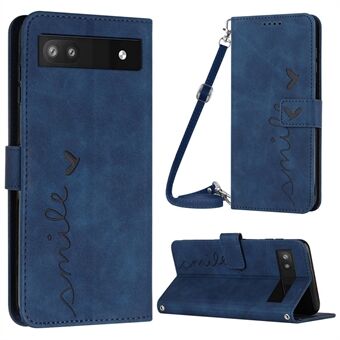 Til Google Pixel 7a PU Leather Stand Cover hjerteindgraveret telefonpung og etui med skulderrem