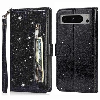 For Google Pixel 8 Pro etui Glitrende PU læder lynlåslomme cover.