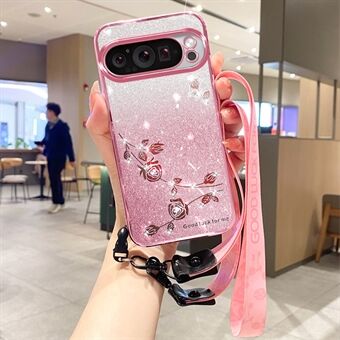 KADEM Til Google Pixel 9 / Pixel 9 Pro Glitter Telefonetuui Blomstmønster Gradient TPU Cover med Hængesnor