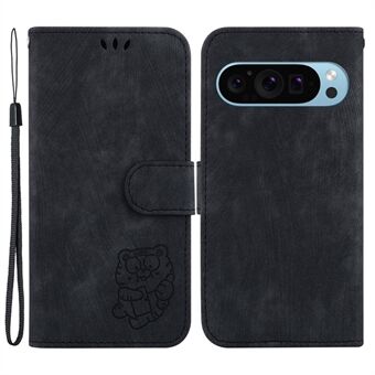 For Google Pixel 9 / Pixel 9 Pro mobiltelefons cover med tryk af en skøn tiger i imiteret læder, der beskytter mod ridser.