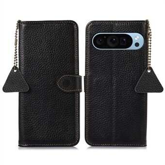 Til Google Pixel 9 / Pixel 9 Pro Wallet-etui Ægte ko-læder RFID-blokerende Telefoncover Litchi-tekstur.