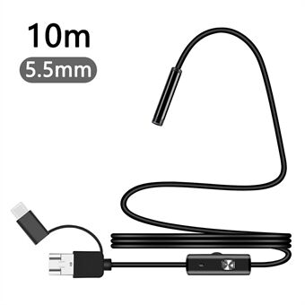 Y1002 10m Fleksibel Ledning Type-C+USB+Android Telefon Borescope 5.5mm Kameralinse Inspektionsendoskop