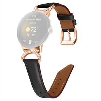 Til Google Pixel Watch Armbånd Rhinestone Decor D-form forbindelse Split læderrem med rosa guld spænde