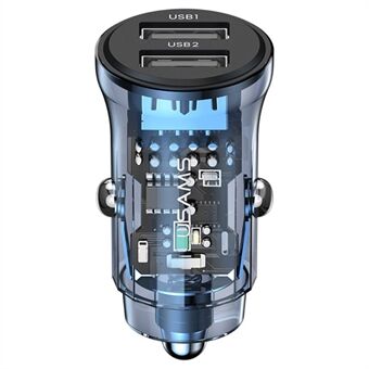 USAMS US-CC162 C31 Transparent USB Biloplader Visuel 5V3A Dobbelt USB A+A Mini Biloplader Adapter med Blåt Baggrundslys - Blå