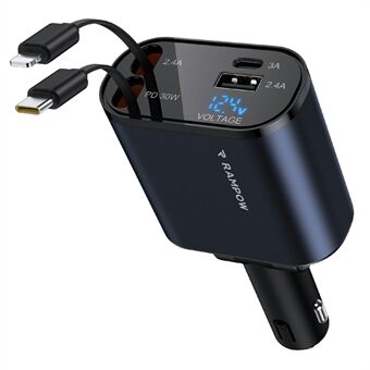 RAMPOW 50W Biloplader USB + Type-C Output Opladestation med Optrækkelig Type-C + 8-Pin Kabler - Sort