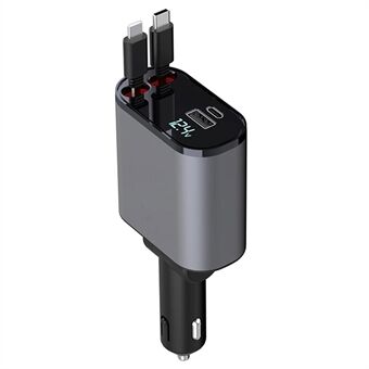 4-i-1 Digital Display Dobbel Porte Hurtig Opladning Cigaret Lighter Biloplader med iP + Type-C Udrulbar Kabel