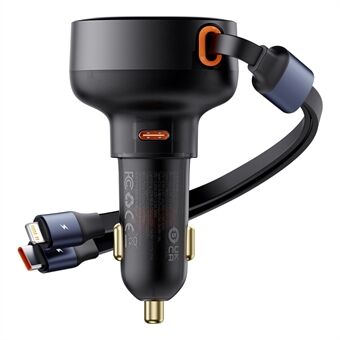 BASEUS Enjoyment Pro Biloplader Type-C Port Strømadapter med Type-C + iP Udtrækkelig Kabel - Sort