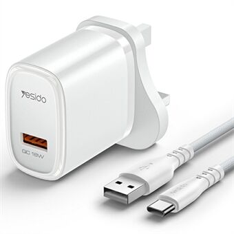 YESIDO YC85C UK Stik Enkelt USB Port Vægoplader 18W Telefon Tablet Hurtigopladningsadapter med Kabel