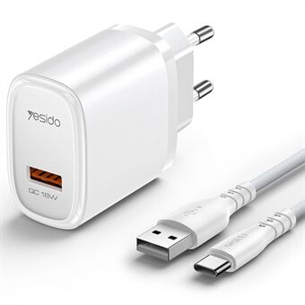 YESIDO YC66C EU-stik Enkelt USB-port vægoplader 18W telefon tablet hurtigopladningsadapter med kabel