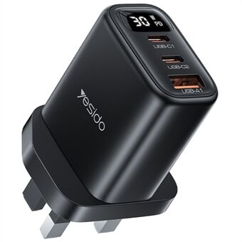 YESIDO YC88 Digital Display Vægoplader 2 Type-C + 1 USB-A 30W Hurtig Opladningsadapter til Telefon, UK Stik