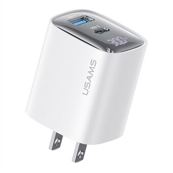 USAMS CC230 30W Hurtig Opladning GaN Adapter USB-C+USB-C Dobbelt Port Vægoplader Strøm Display, US Stik