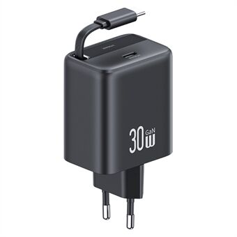 USAMS CC241 30W Type-C Oplader GaN PD3.0+QC3.0 Strømadapter med Tilbagetrækkelig Kabel, EU Stik