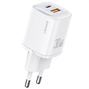 USAMS CC254 30W GaN Oplader Type-C + USB-A Kompakt Hurtig Opladning Vægadapter, EU Stik