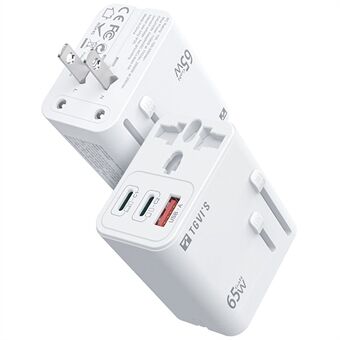 TGVI\'s universelle rejseadapter GaN 65W lynoplader med 1 USB-A + 2 Type-C porte - Hvid