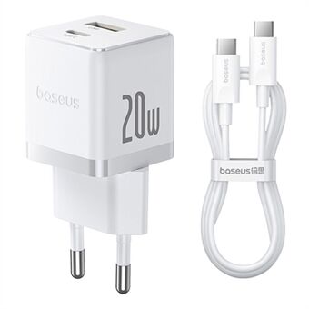 BASEUS Palm USB+Type-C Dual Port 20W Fast Charger EU Plug Vægoplader-adapter med 60W Type-C Kabel