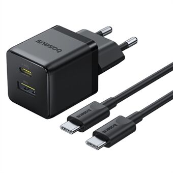 BASEUS Palm Fast Charger 30W Type-C+USB Dual Port EU Plug Vægoplader Adapter med 60W Type-C Kabel