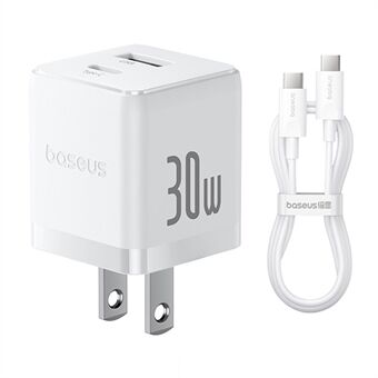 BASEUS Palm Hurtigoplader 30W Type-C+USB Dobbeltport US Stik Vægopladeradapter med 60W Type-C Kabel