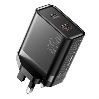 ESSAGER 65W Hurtigopladning Bærbar Strømadapter USB-A + Type-C Dobbeltporte Rejselader