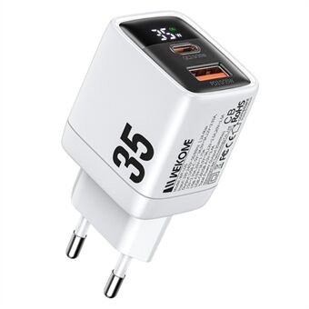 WEKOME WP-U25 35W GaN Oplader Dobbelt Port Hurtig Vægoplader Digital Display Adapter, EU-stik