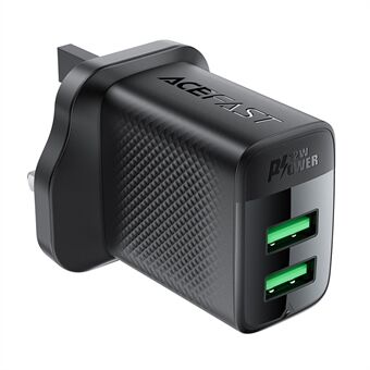 ACEFAST A87 12W Vægoplader USB-A+USB-A Dobbeltport Telefonoplader, UK Stik