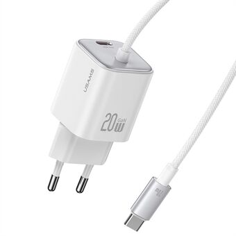 USAMS CC261 GaN Hurtigopladerblok 20W Dobbelt Port Vægoplader med Type-C Kabel, EU-Stik