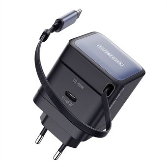 DUZZONA T10 Rejseoplader PD 65W GaN Hurtigopladningsadapter med udtrækkeligt Type-C kabel, EU-stik