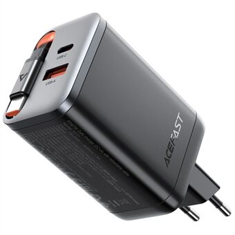 ACEFAST A111 67W GaN Oplader USB-A+Type-C Adapter med Udtrækkeligt USB-C Kabel, EU Stik