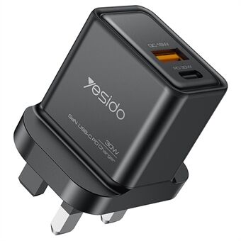 YESIDO YC83 GaN 30W Telefonoplader USB+Type-C Port Strømadapter