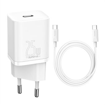 BASEUS Super Si Hurtigoplader Adapter 25W Vægoplader Blok med Type-C til Type-C Opladerkabel 3A 1m (EU-stik)