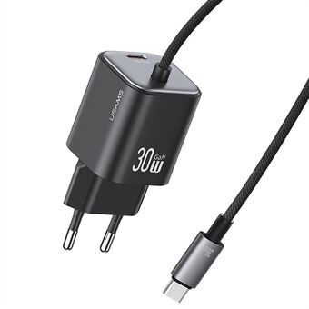 USAMS CC264 GaN Fast Charger Blok 30W Dual Port Vægoplader med Type-C Kabel, EU Stik