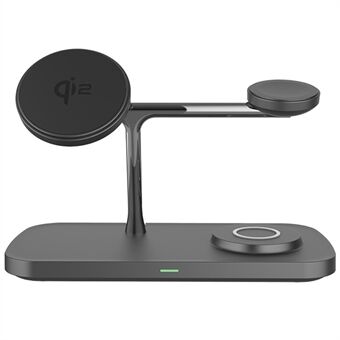 T255 Watch / Earphone / Mobiltelefon 3-i-1 Desktop Opladningsstander Qi2 15W Magnetisk Trådløs Oplader