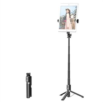 Stand aluminiumslegering teleskopstativstativ Bluetooth-fjernbetjening Selfie Stick med dobbelt telefonholder (ingen udfyldningslys)