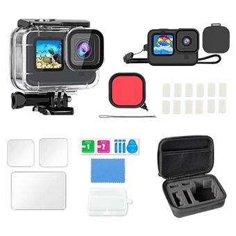 19-i-1 Tilbehørssæt til GoPro Hero 12 / 11 / 10 / 9 Vandtæt Etui Silikone Sleeve Hærdet Glas Film Sæt med Opbevaringstaske