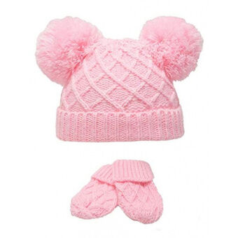 Baby hat og vanter Diamond Strik akryl pink 2-delt